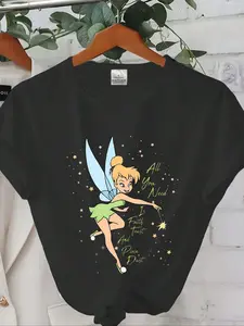 Women's Cartoon Tinker Bell Print Round Neck Fitted Tee, Vintage Trendy Casual Streetwear Short Sleeve T-shirt for Daily Wear, Ladies All Seasons, Top, Womenswear