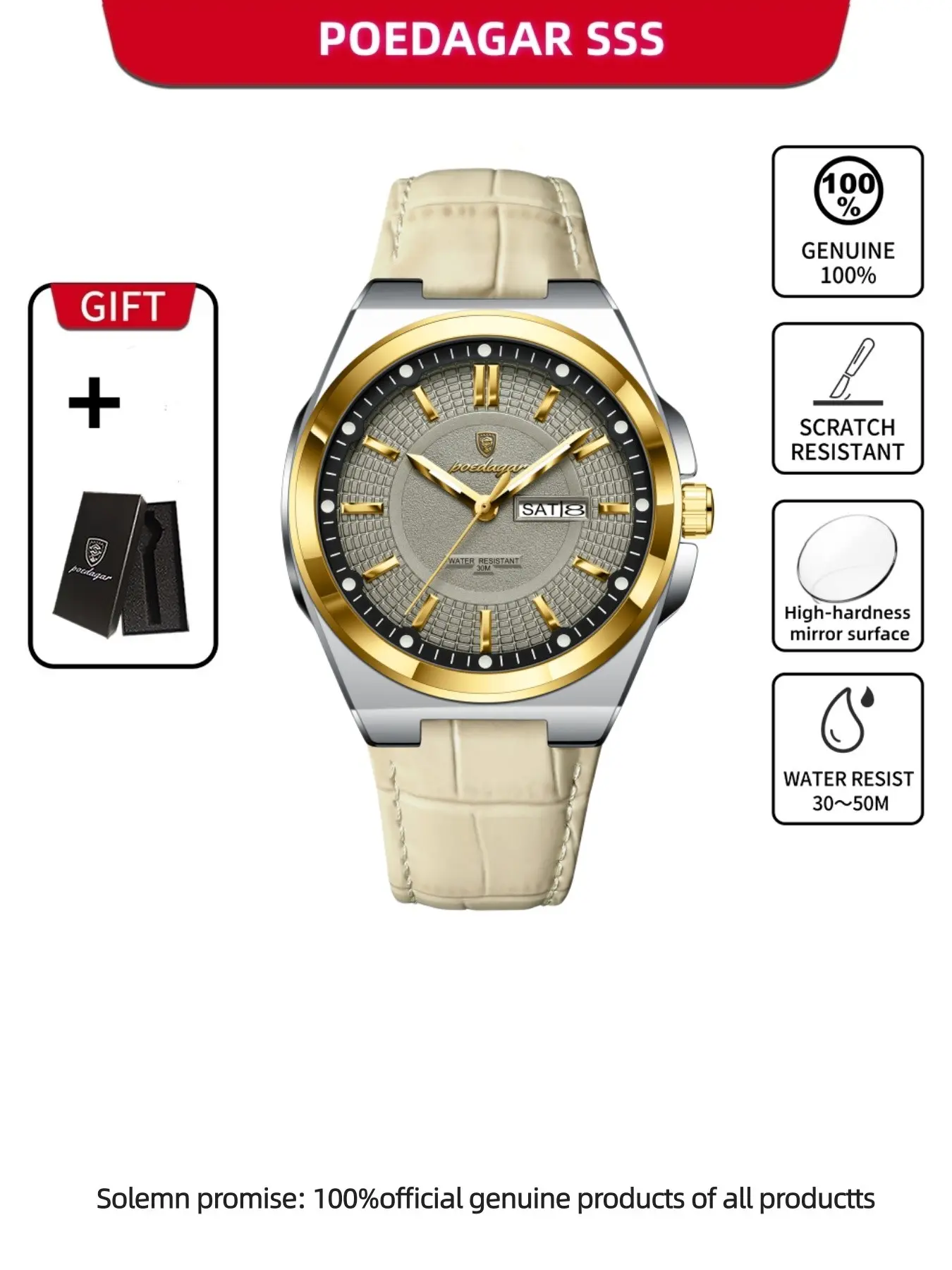 POEDAGAR Luxury Original Man Wristwatch Luminous Date Week Quartz Men's Watches High Quality Casual Leather Men Watch High End Watch Analog Watch