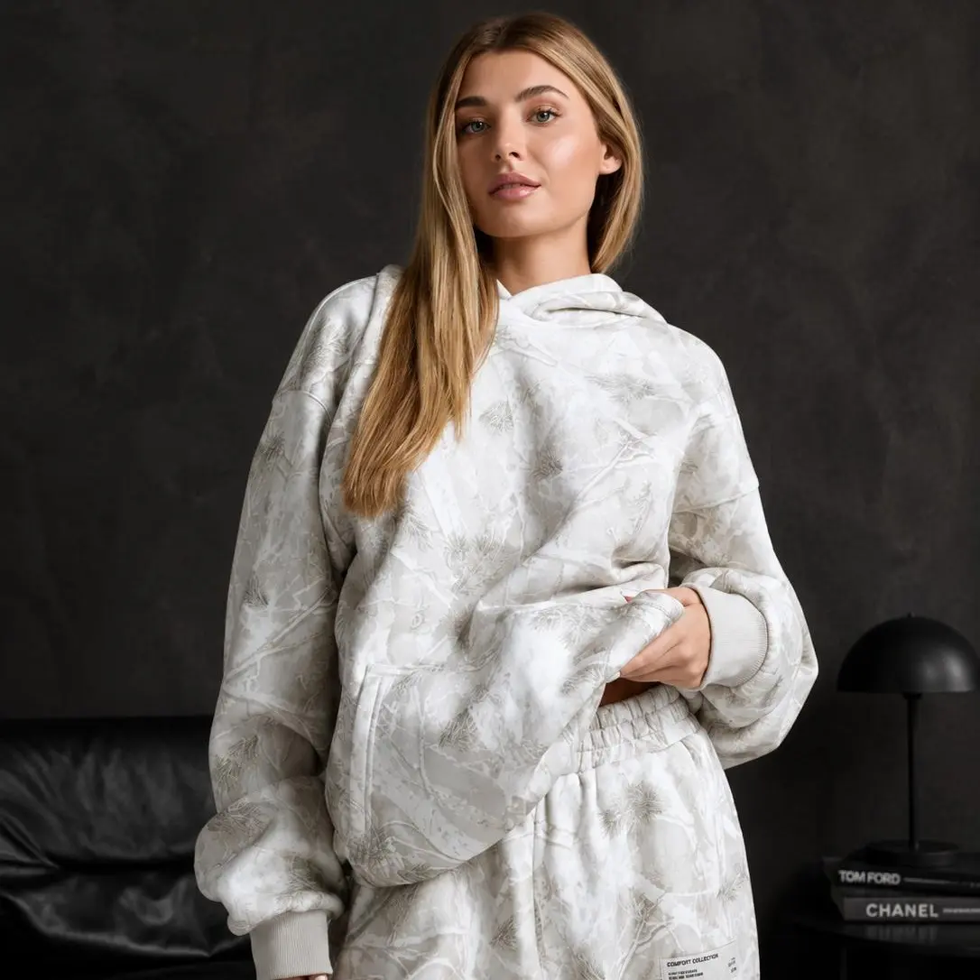 White Camo Hoodie & Sweatpants Set for Women Men – Unisex Lightweight Cheetah Print Matching Tracksuit Streetwear Outfit 2026 Gift