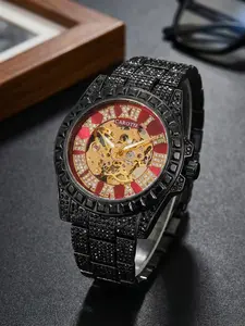 A men's trendy full diamond steel strip retro light luxury versatile couple watch with fully automatic hollow mechanical watch Automatic Watches
