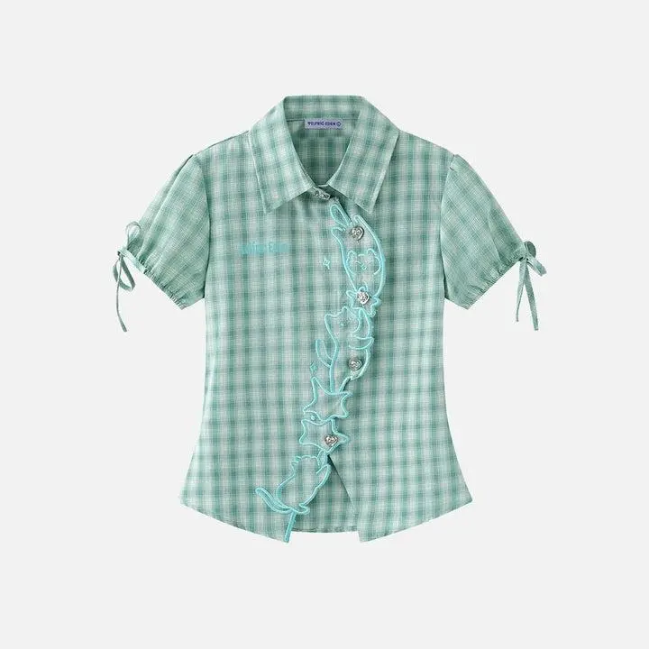 Aelfric Eden Plaid Cat Short Sleeve Shirt Cat Embroidery Placket Tie Puff Sleeves Waist-Cinching Silhouette Breathable Lightweight Fabric Sweet Girly Summer Top