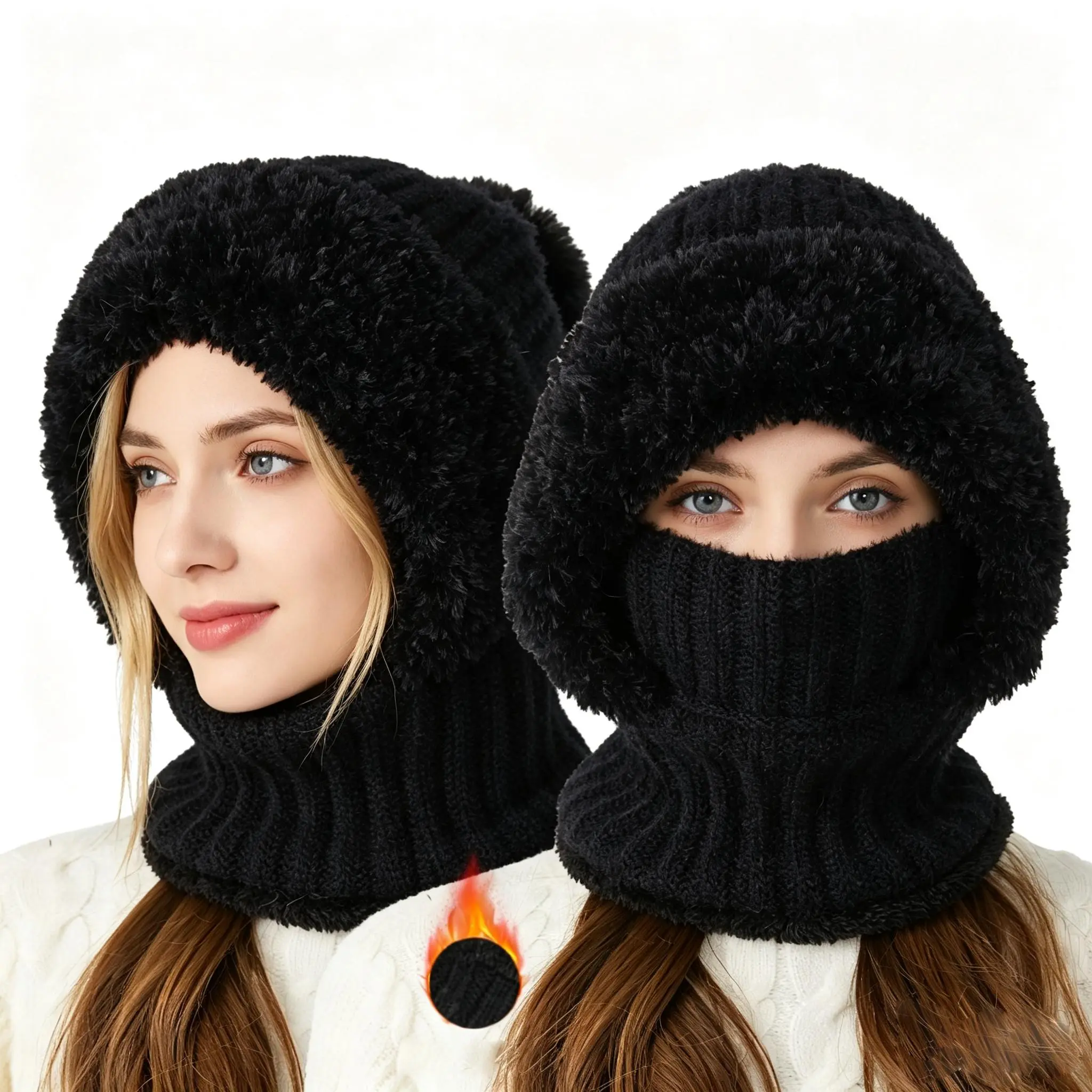 Women's 3 In 1 Fleece Lined Knit Balaclava Hat, Thick Thermal Windproof Full Face Cover Neck Warmer Scarf, Soft Warm Winter Ski Beanie Hat for Cycling, Snowboarding, Hiking, Running & Cold Outdoor Activities