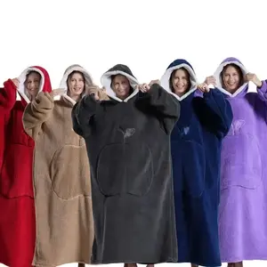 Warm Velvet Hooded Casual Robe - Extra Large Warm Winter Blanket with Large Pockets, French Style Comfortable Wearable Blanket, Suitable for Indoor and Outdoor Use