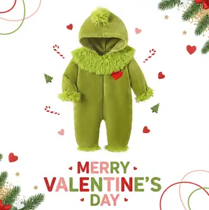 Newborn Baby Girls Boys Valentines Day Love-Themed Baby Clothes Green Monster Romper Jumpsuit with Hood Long Sleeve Furry Onesie Xmas Halloween Costume Outfits