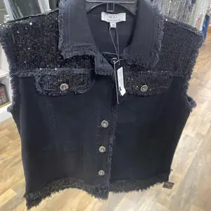 Black sequin cut sleeved jean jacket