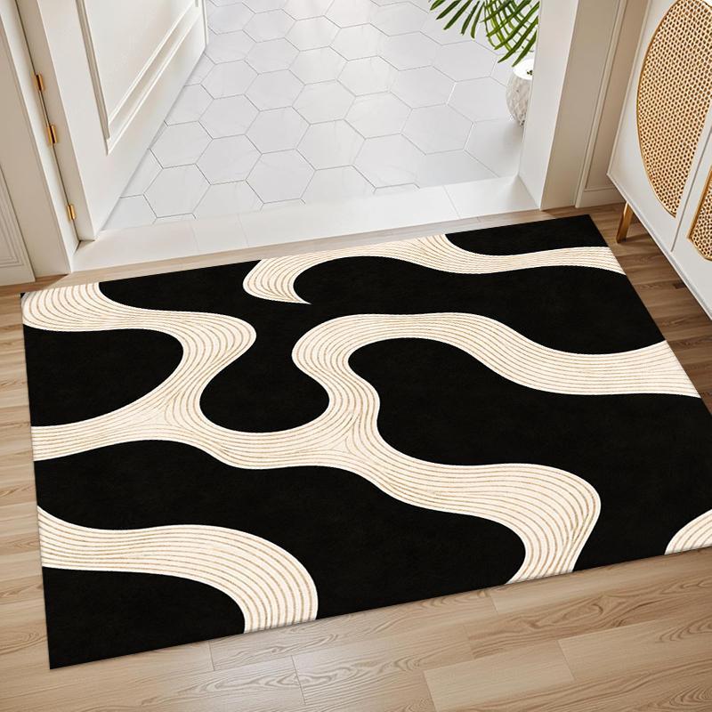 Black Cream Abstract Wave Pattern Runner Rug - Anti-Slip Base, Modern Minimalist Art Design, Machine Washable Fabric Home Decor Rug for Kitchen Floor, Entryway Use, Machine Washable Rugs