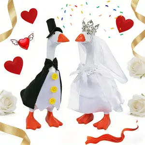 2 Sets 7 Inch Desk Goose Outfits - Bride Groom Wedding Clothes with Veil Crown Bow Tie Tuxedo for Desktop Goose Statue Decor