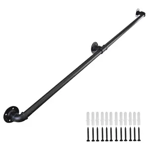 Heavy-Duty Galvanized Steel Stair Handrail | Black Wall-Mounted Anti-Slip Grip Safety Banister Guardrail for Home Garage Indoor Staircase