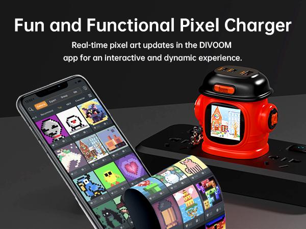 Divoom Dipow 65W USB-C Charger 3-Port Fast GaN Charger with DIY Pixel Display Foldable Compact Wall Block Power Adapter for iPhone 16/15 MacBook iPad Galaxy S23/S24 Switch Red (with 100w Cable) Charging Electronic Cellphone Smartphone Portable Multi-Port