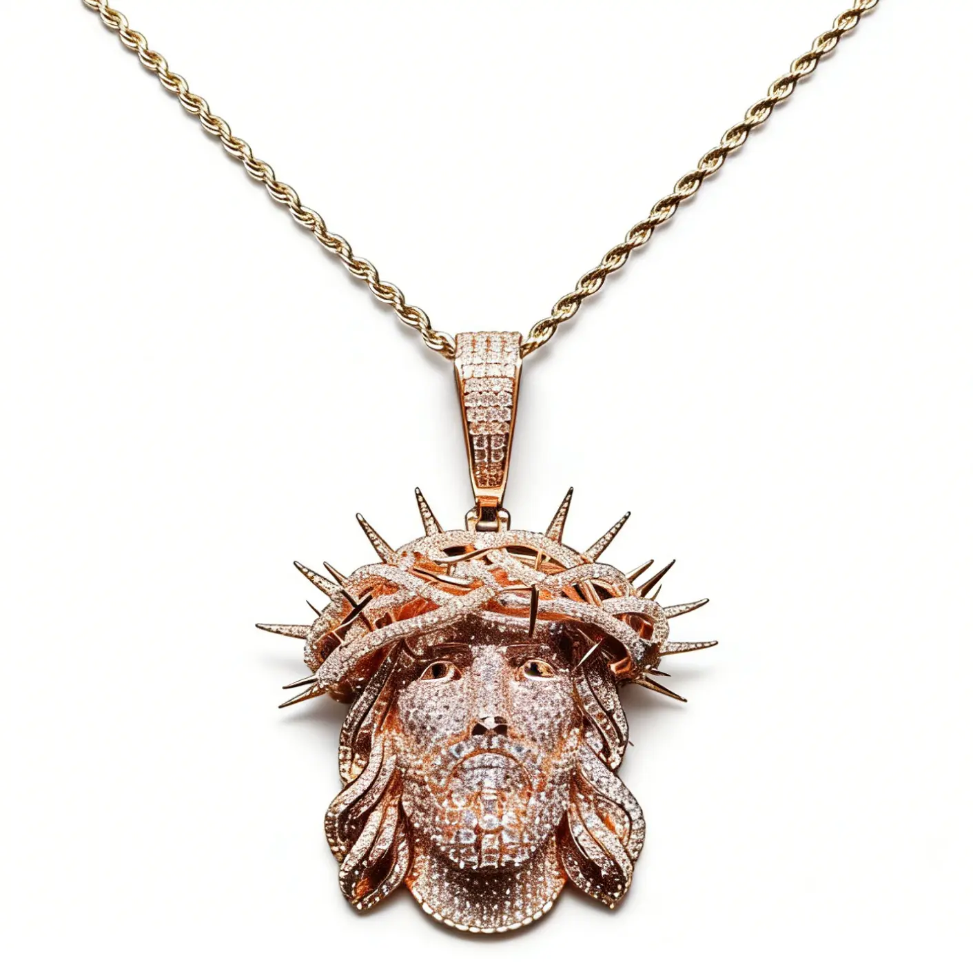 Large Round Thorn Crown Jesus Head Pendant - Gold Plated Amulet, Chain & Link Design, Customizable with Engraved Letters/Logos/Patterns, for Unique Jewelry Lovers, Complimentary Shipping, Summervibes