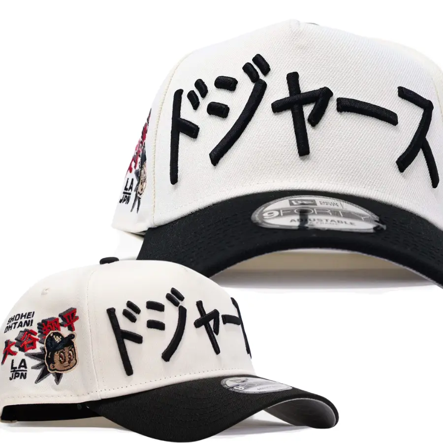 New Era Dodgers Cap - White with Black Brim and Japanese Text - LA JPN Design - Adjustable Fit