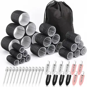 6 sets of black + 12 metal clips + 12Transparent Curling Rollers for Volume & Airy Bangs, Self-Adhesive Velcro Hair Rollers for Easy Styling & No Heat Damage, Heatless Styling Tool