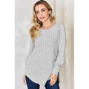 Basic Bae Full Size Ribbed Round Neck Slit T-Shirt - Opaque Slightly Stretchy Polyester Elastane Blend Machine Washable Cold Tumble Dry Low Imported Regular Curve Model Sizes S 1 & 1X 16