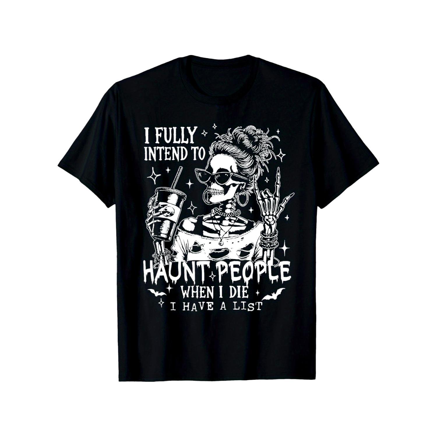 Women's Round Neck Breathable Cotton Graphic T-Shirt - Funny 'I Intend to Haunt People' Skeleton Print, Casual Short Sleeve, Long-Lasting Stitch, Halloween All-Seasons Streetwear Top