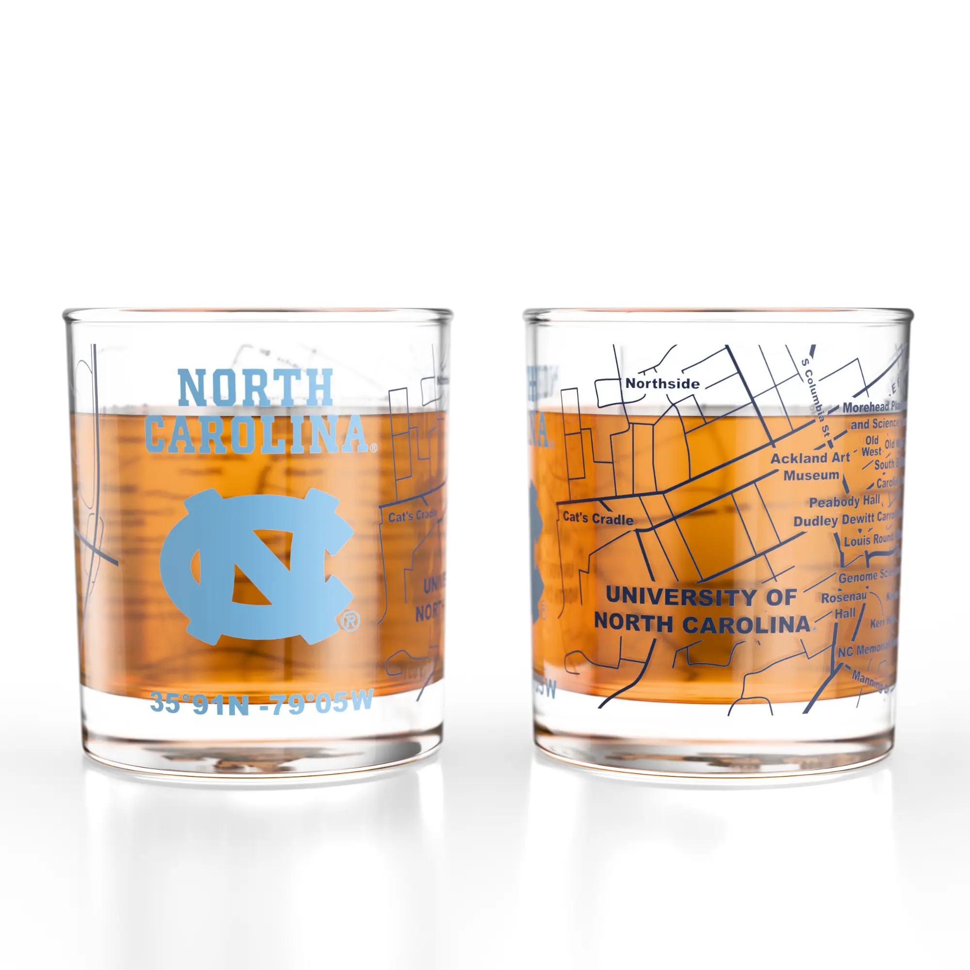 University of North Carolina Tar Heels College Whiskey Glass Set 2 Low Ball 10oz Heavy Base Lead Free Crystal with Full Color Logo & Authentic Campus Map Dishwasher Safe Gift Ready