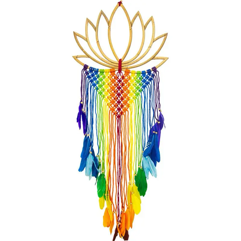Bamboo Wall Hanging Boho Lotus with Macrame Chakra Rainbow Feathers Decorative Home Accent