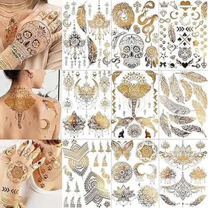 9 Sheets 88+ Designs Large Gold Metallic Temporary Tattoos For Women Boobs Girls Adults, 3D Flash Fake Golden Tattoo Stickers Eleplant, Tribal Bohemia Glitter Snake Tattoos Moon Lotus Body Art