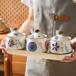 Ceramic Seasoning Jar Set, Hand-Painted with Lid and Spoon, Heat-Resistant Salt and Msg Container, Microwave and Dishwasher Safe