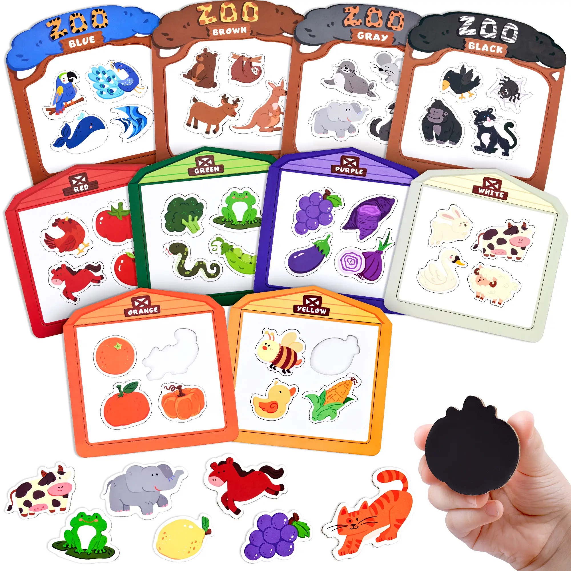 JoyCat Wooden Fridge Magnets, Large Size Farm & Zoo Fridge Magnets, 50Pcs Magnetic Color Sorting Refrigerator Toys, Educational Learning Gifts