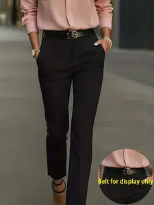 Women's Elegant Solid Color Commuter Slim Fit High Waist Straight Leg Pants, Slant Pocket Design, Casual Business Suit Pants, Soft Comfortable Fabric, Fitted, Basic