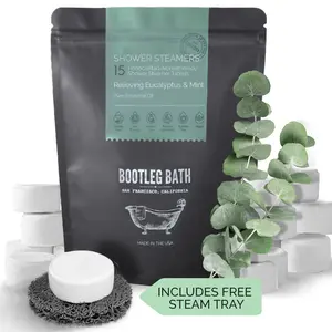 BOOTLEG BATH Shower Steamers Aromatherapy 15 Pack with Holder Tray,  Pure Essential Oil, Eucalyptus, All Natural, for Men and Women, Made in USA