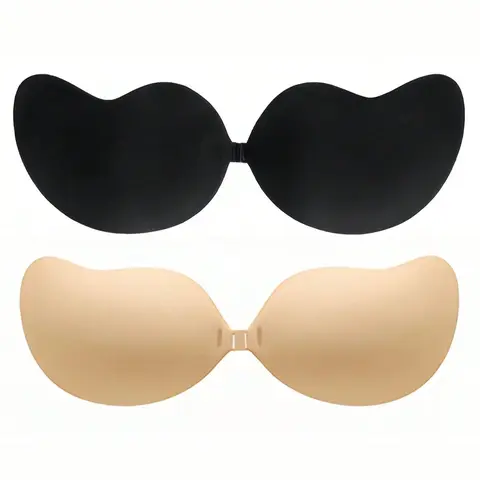 2 Counts Invisible Push-Up Strapless Bandeau Bra, Seamless Front-Closure Silicone Underwear for Women, Apricot Color