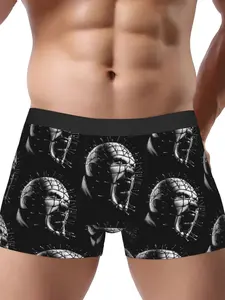 BIIHUDU Pinhead Scream Horror Movie Underwear - Men's Non-Transparent Briefs with Pinhead Face Graphic from Hellraiser, Black
