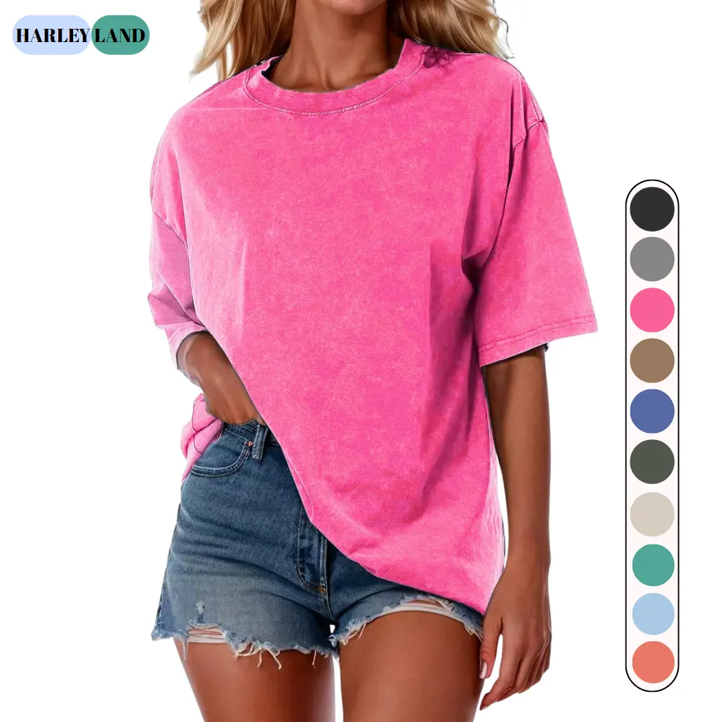 HarleyLand Women's 2026 Oversized Acid Washed Cotton Fabric Crew Neck Half-Short Sleeve Summer Top - Casual Loose Fit, Everyday Athletic Graphic Solid Streetwear Comfortable Womenswear T-shirt