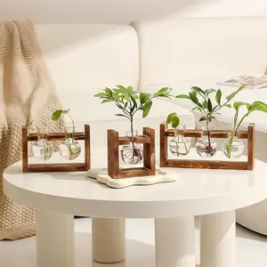 Wooden Plant Holder without Plant, 1 Count Creative Glass Vase with Wooden Stand, Desktop Plant Holder, Modern Plant Pot for Home Office Desktop Decoration