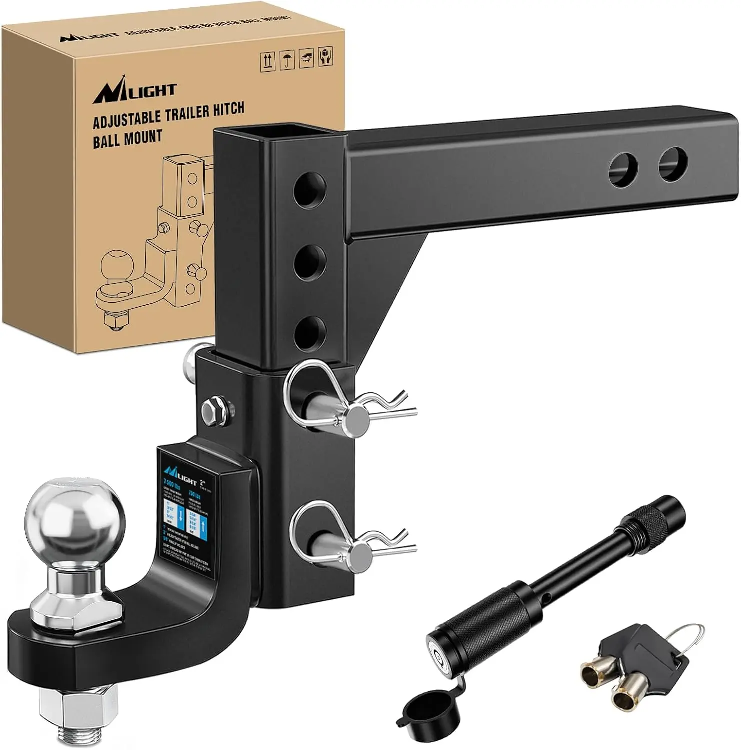 Nilight 8-Position Adjustable Trailer Hitch Ball Mount, 2 in Ball, 5/8 in Pin Lock, 7500 lbs Capacity, 9-1/2 in Drop, 8-1/4 in Rise - Fits 2 in Receiver for Trailers, Boats, 2-Inch Diameter Tow Ball, E-Coat Pre-Coating