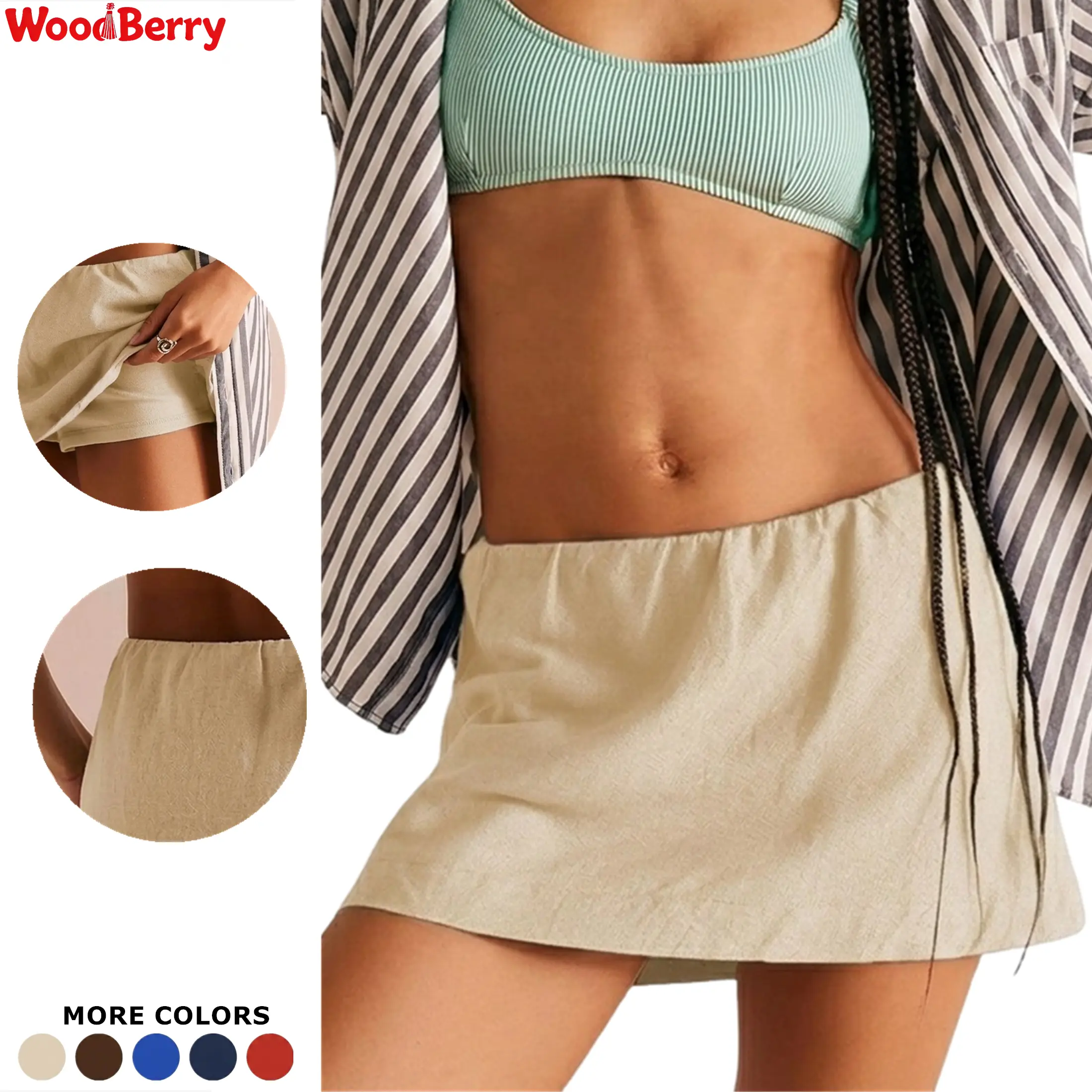 WoodBerry Women's Reversible Cotton Linen Skorts A-Line Mini Skirt with Built-in Athletic Shorts & Ruffle Inner Waistband Casual Sporty Skirts
