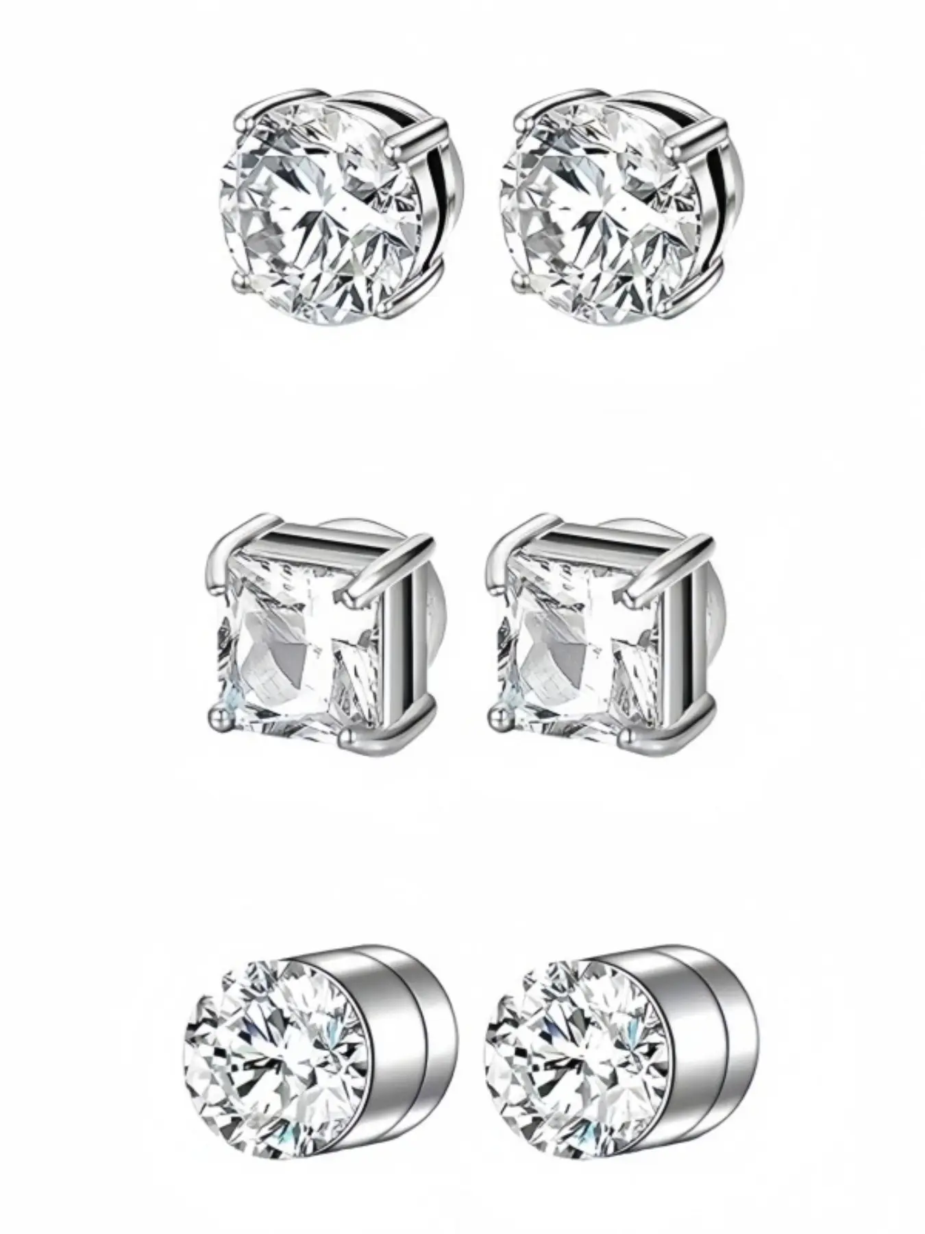 3 Pairs Stainless Steel Round Square Zircon Magnetic Ear Cuffs, Fashion Unisex Non-Piercing Tragus Studs, Jewelry Set for Men and Women, Zircon Stud Earrings, Non Pierced Earrings, Stud Earring Sets
