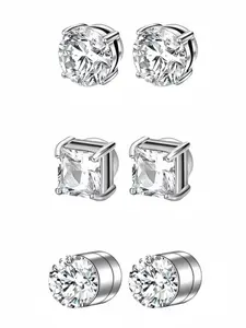 3 Pairs Stainless Steel Round Square Zircon Magnetic Ear Cuffs, Fashion Unisex Non-Piercing Tragus Studs, Jewelry Set for Men and Women, Zircon Stud Earrings