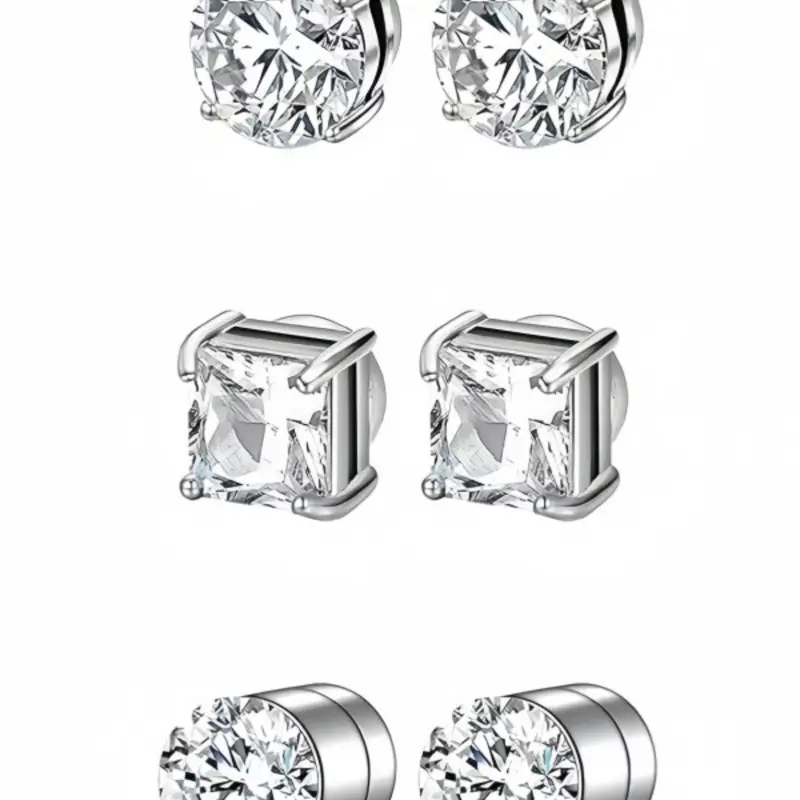 3 Pairs Stainless Steel Round Square Zircon Magnetic Ear Cuffs, Fashion Unisex Non-Piercing Tragus Studs, Jewelry Set for Men and Women, Zircon Stud Earrings, Non Pierced Earrings, Stud Earring Sets