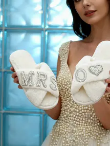 MRS. O Bridal Morning Slippers | Cross Band White Faux Fur Slippers for Wedding X-Strap Plush Slippers with Pearl Rhinestone Heart Design, Customizable Letter O, Perfect Gift for Bridesmaids and Women