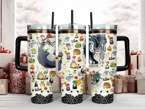 Studio Ghibli 40oz Tumbler with Handle and 20oz tumbler skinny and curve | Totoro, No Face & Calcifer Anime Travel Mug with Straw | Premium Insulated Stainless Steel Fan Gift Idea, Vintage Tumbler 40oz, Gift for him, her