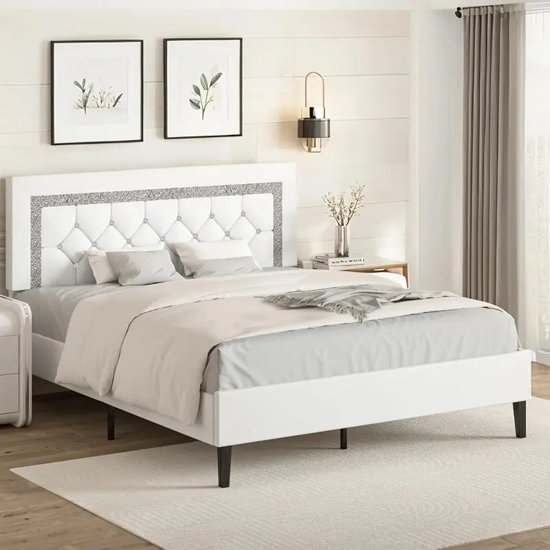 HOMBCK Queen Size Adjustable Platform Bed Frame - PU Leather Vinyl Tufted Button Headboard, Wood Slat Support, No Mattress/Box Spring Needed, Easy Assembly Required, Bedroom Furniture