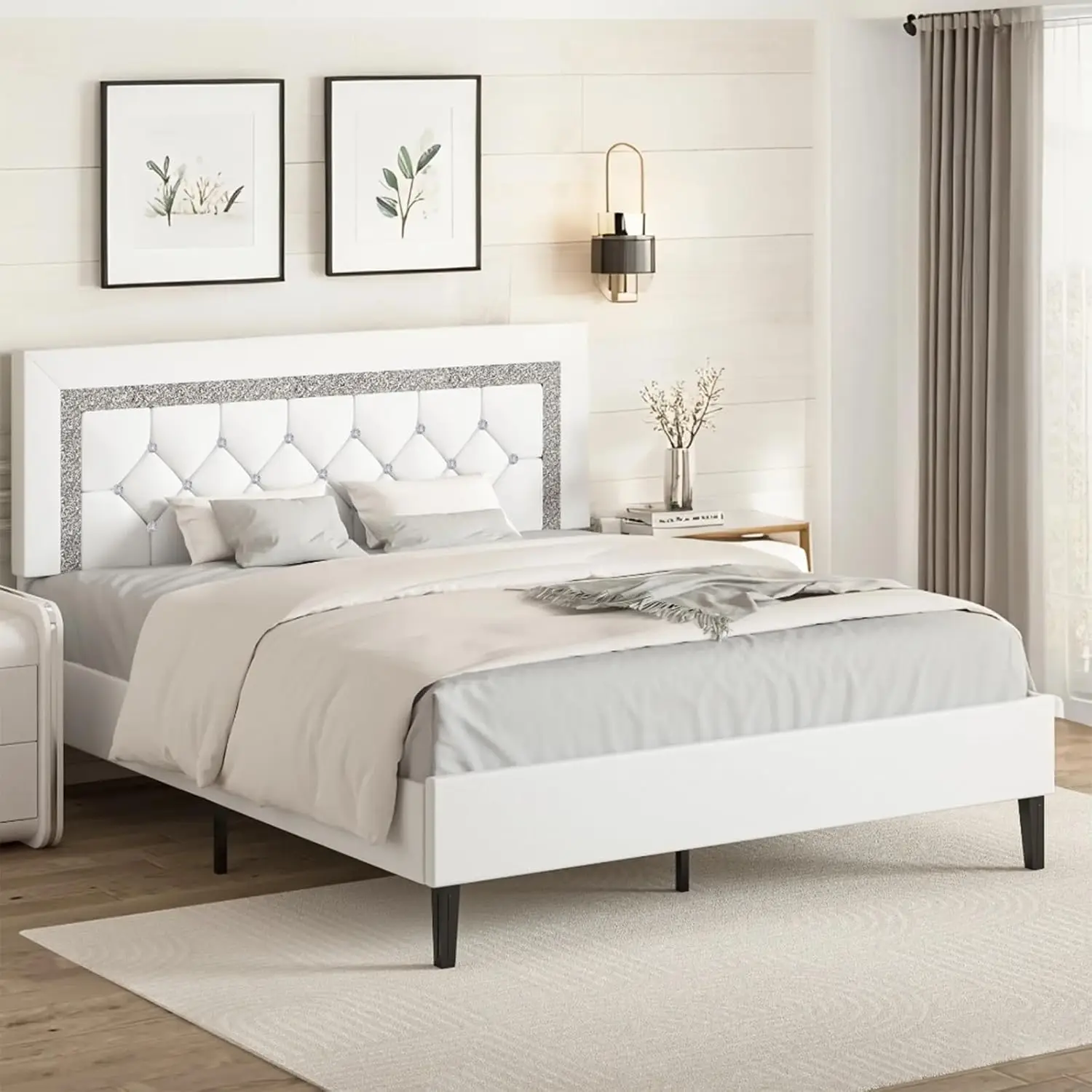 HOMBCK Diamond Bed Frame, No Mattress, with Tufted Button Headboard, Wood Slat Support, No Box Spring Needed, Easy Assembly
