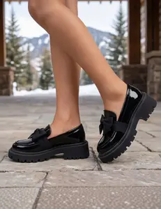 Women's Preppy Bow Decorated Patent Leather Loafers - Thick Sole, Embellished Platform Footwear, Versatile Flats
