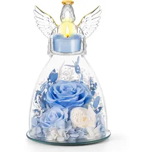 Day Roses Gifts for Mom, Preserved Roses in Angel Figurines With Candle Holder,Fresh Flowers for Delivery,Day Flowers Gifts for Grandma Women Wife from Daughter/Blue