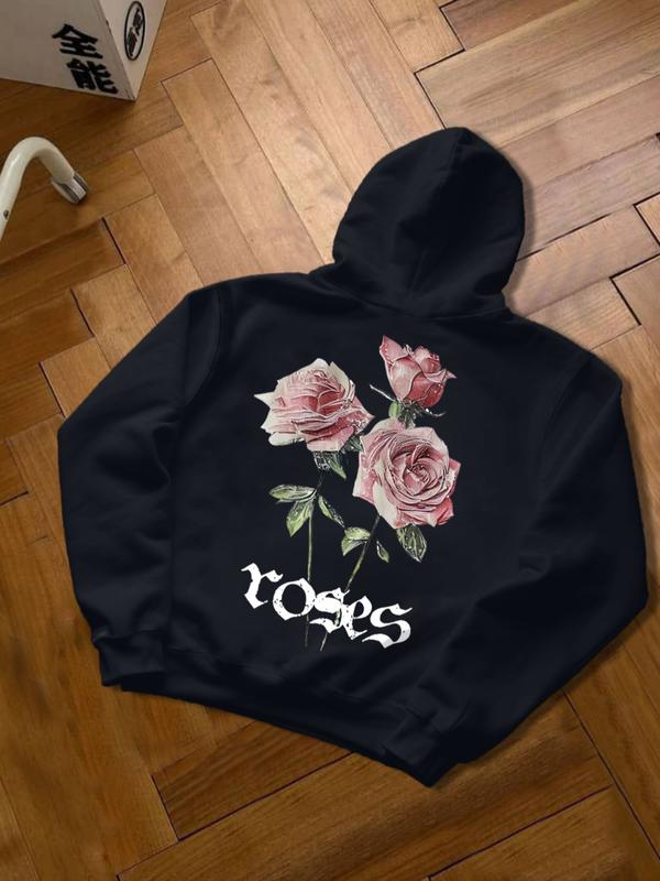 Street Fashion Pink Rose & Letter Print Hoodie - Retro Style Fleece-Lined Hooded Sweatshirt for Men in Colorful Blue/Black/Dark Green/Coffee, Autumn Winter Trendy Casual Pullover