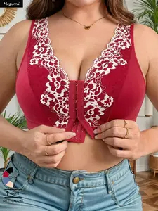 0X-7XL  Women's Plus Size No Underwire Front Hook Bralette Bra, Colorblock Lace Push-Up Backless Bra, Full Coverage Casual Daily Wear Comfortable Lingerie