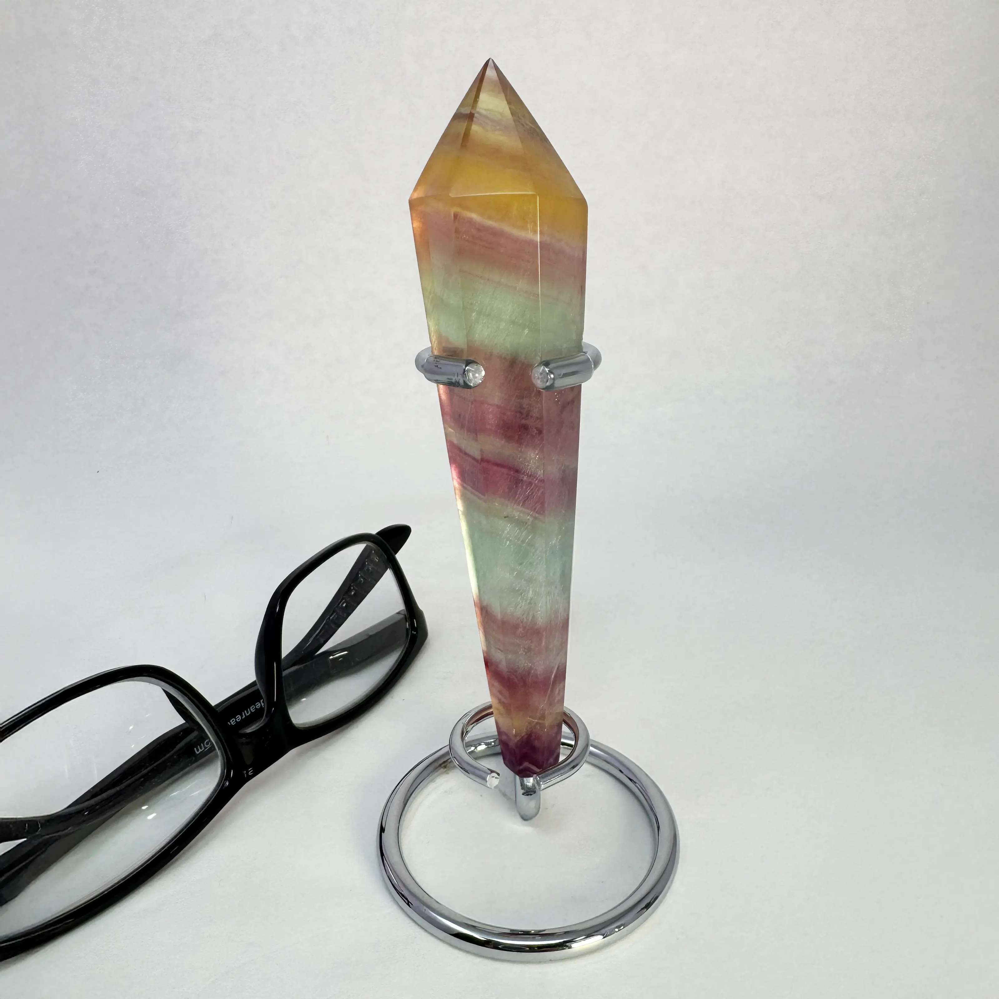 4.75-Inch Fluorite Point In Stainless Steel Display Stand - Pastel