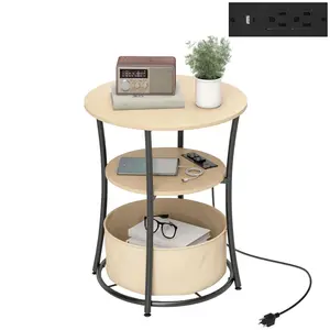 Three tier round side table with built in power strip fabric storage bag and steel frame structure ideal for placement beside living room sofas