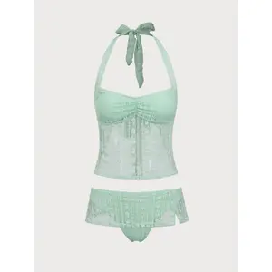 Cyan Lace Halter Tankini Set Matte Soft Fabric Tankini Swim Set Smooth Touch Comfortable Close Wear Simple Fashion Style Ladies Daily Seaside Swimming Wear