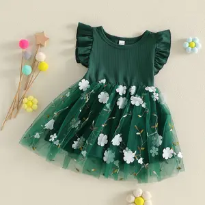 Toddler Baby Girl Tulle Dress Flower Embroidered Flutter Sleeve Round Neck A-line Princess Dresses for Summer Spring