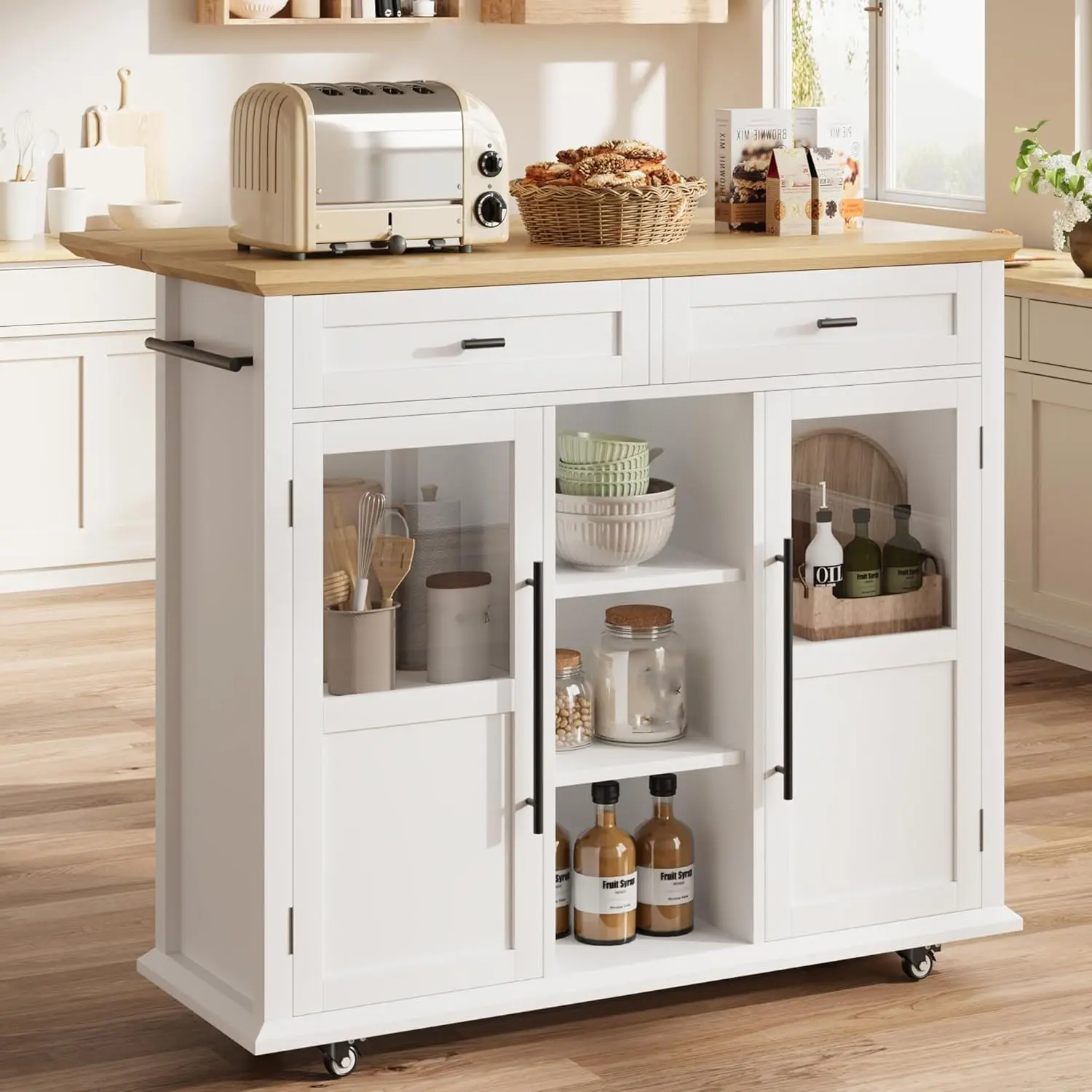 Kitchen Island With Storage, Rolling Kitchen Island Cart On Wheels With Widen Drop Leaf Top, Large Mobile Kitchen Island With 2 Glass Doors, Spice Rack & Towel Holder, Can Storage and Towel Bar