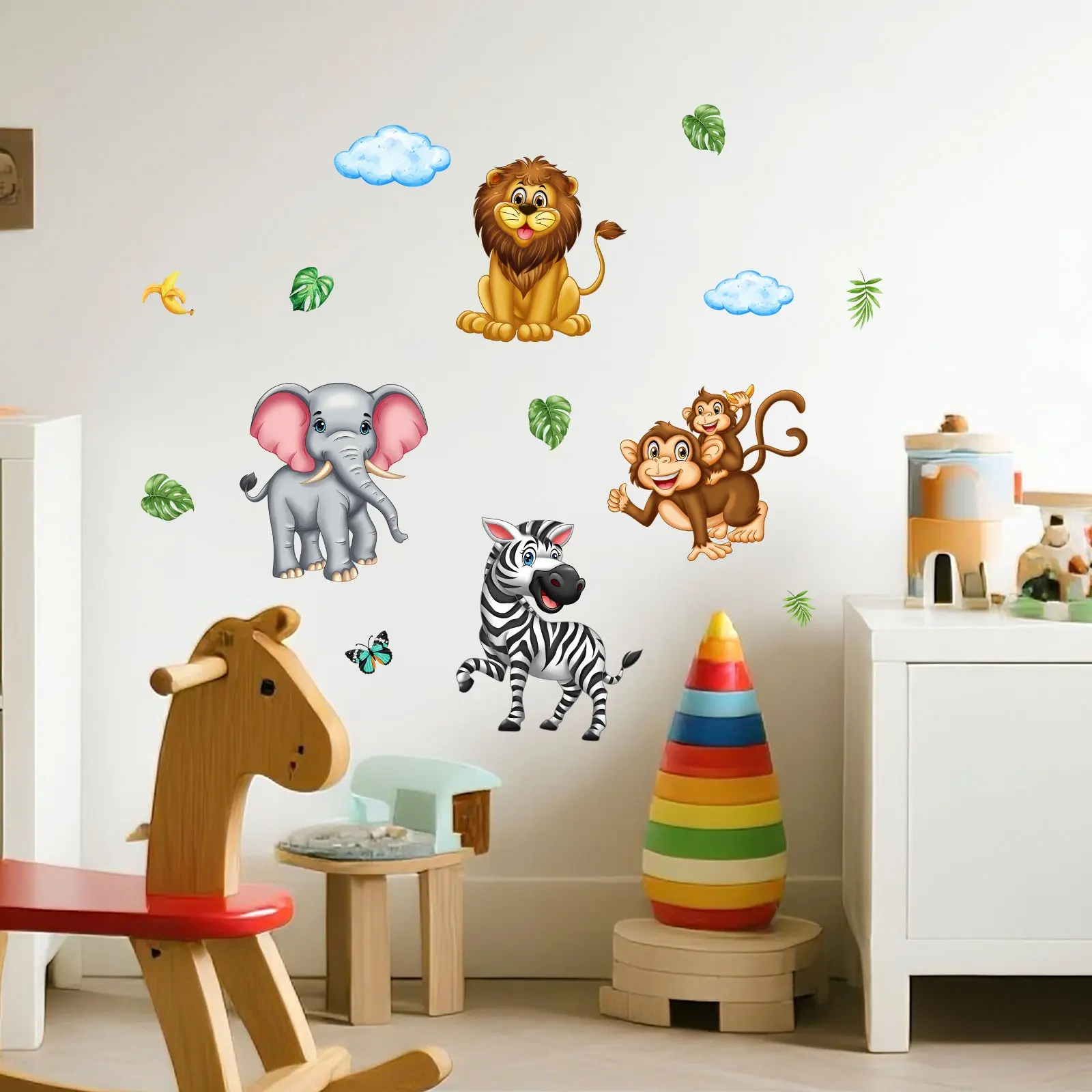 A set of three (30*90cm*3pcs) large forest small animal, plant, sun, cloud and butterfly wall stickers for background wall, home decoration, self-adhesive wall decals, Decorative Wall Sticker, Sticker Decorations (M16016-YJ)