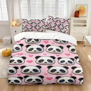 Cute Style Printed Comforter Set, Including Comforter Cover and 1/2 Coreless Pillowcase, Pink Cartoon Panda Head, Children and Teenagers Gift, Soft and Comfortable Bedroom Bedding