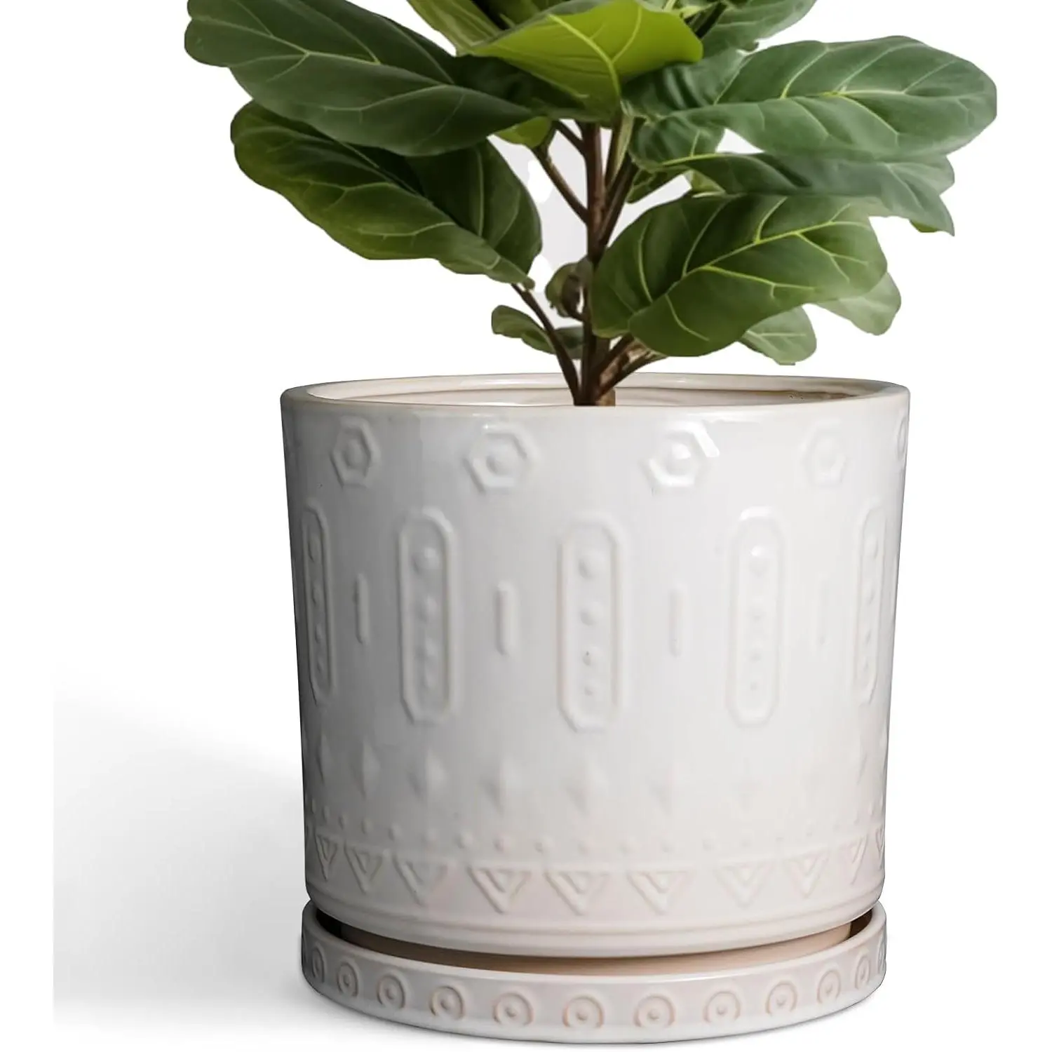 12-Inch Round White Ceramic Planters with Drainage Holes & Saucer, 11-Inch Height Mid-Century Modern Bohemian Pots (Boxed) for Indoor-Outdoor Room Decor, Ideal for Olive Trees, Fiddle Leaf Fig, Birthdays Gifting